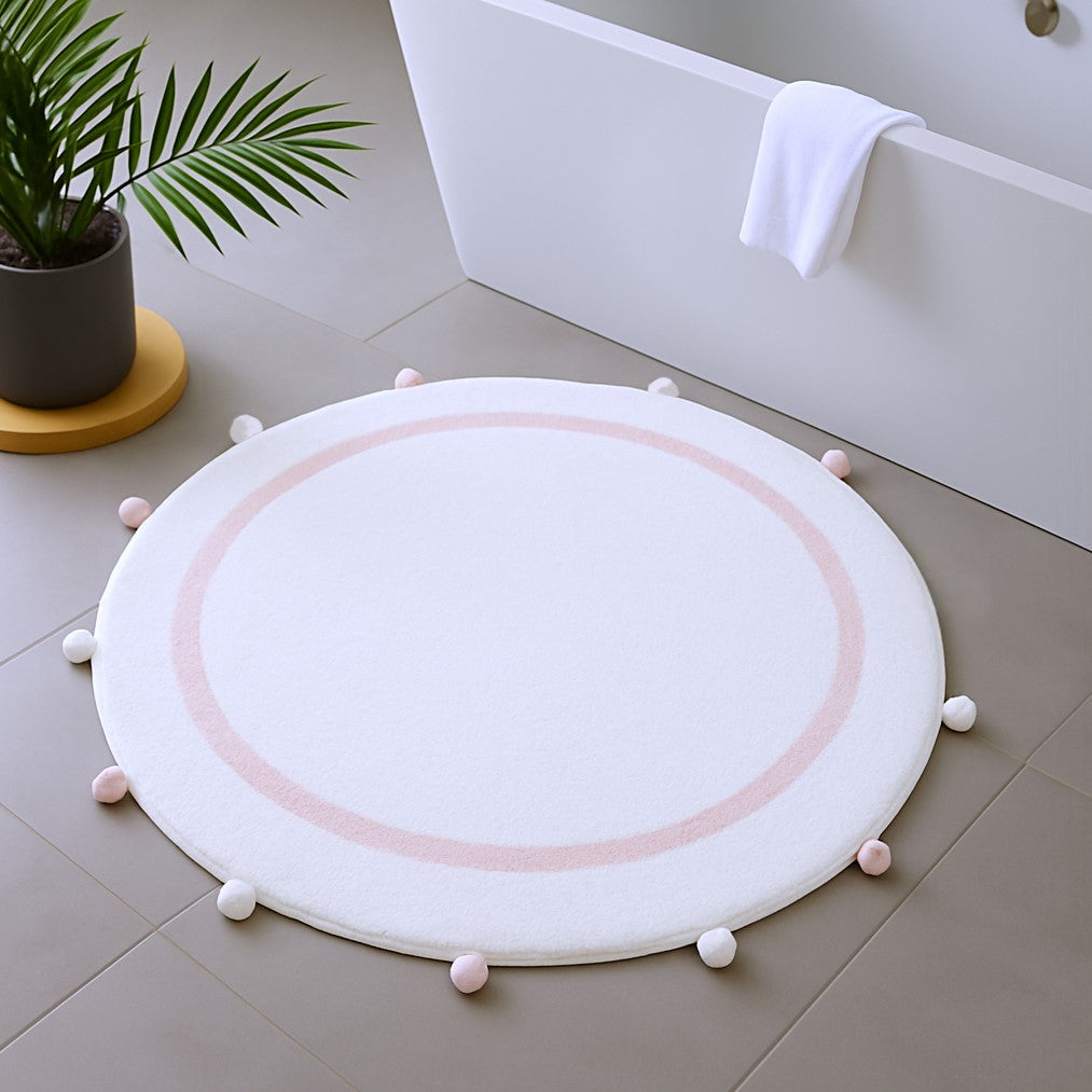 32" Light Pink And White Cotton Round Geometric Bath Rug-1