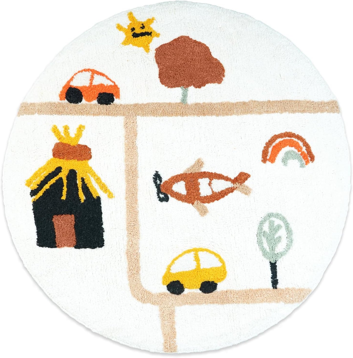 32" White Yellow And Red Cotton Cars Round Youthful Bath Rug-1