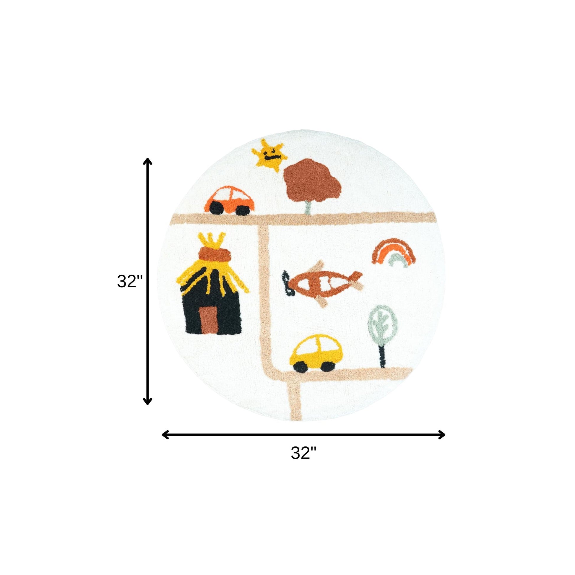 32" White Yellow And Red Cotton Cars Round Youthful Bath Rug-5