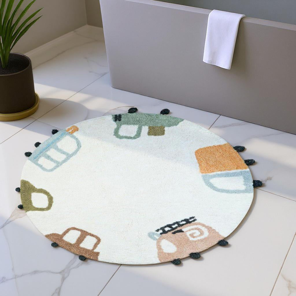 32" Blue Green And White Cotton Cars Round Youthful Bath Rug-1
