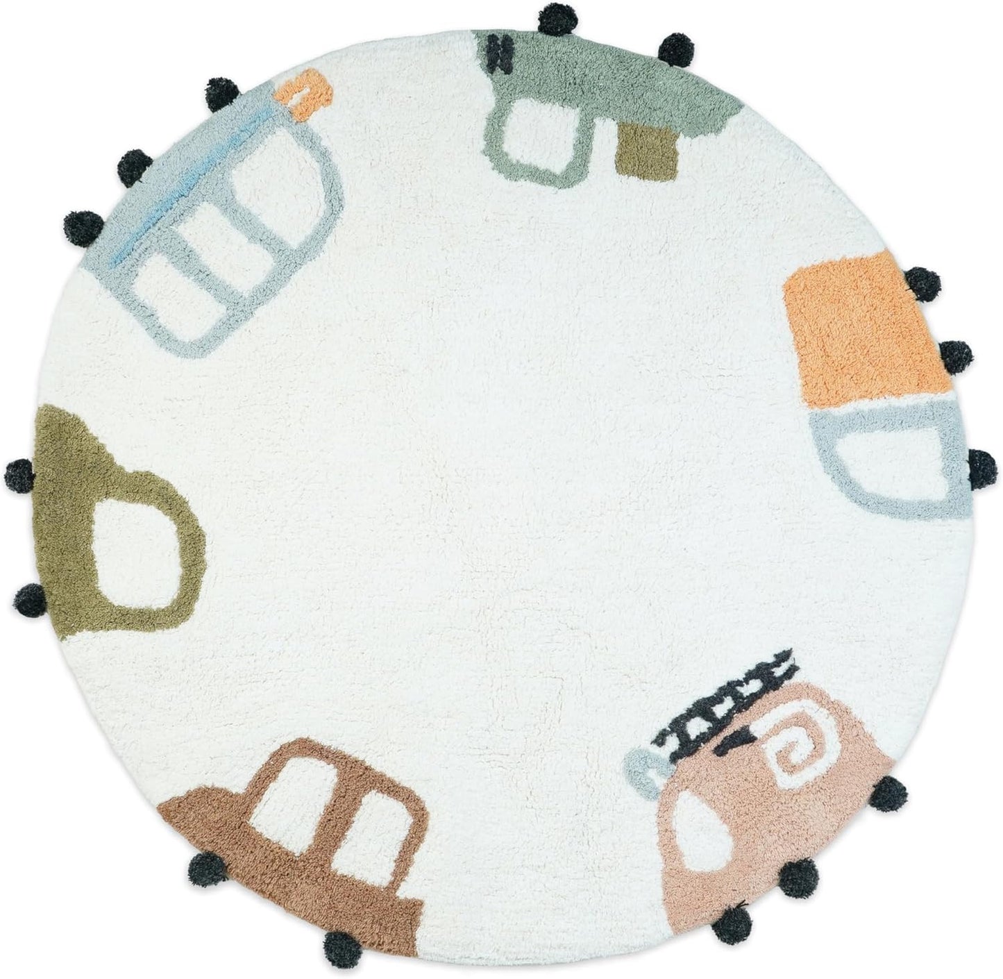 32" Blue Green And White Cotton Cars Round Youthful Bath Rug-2