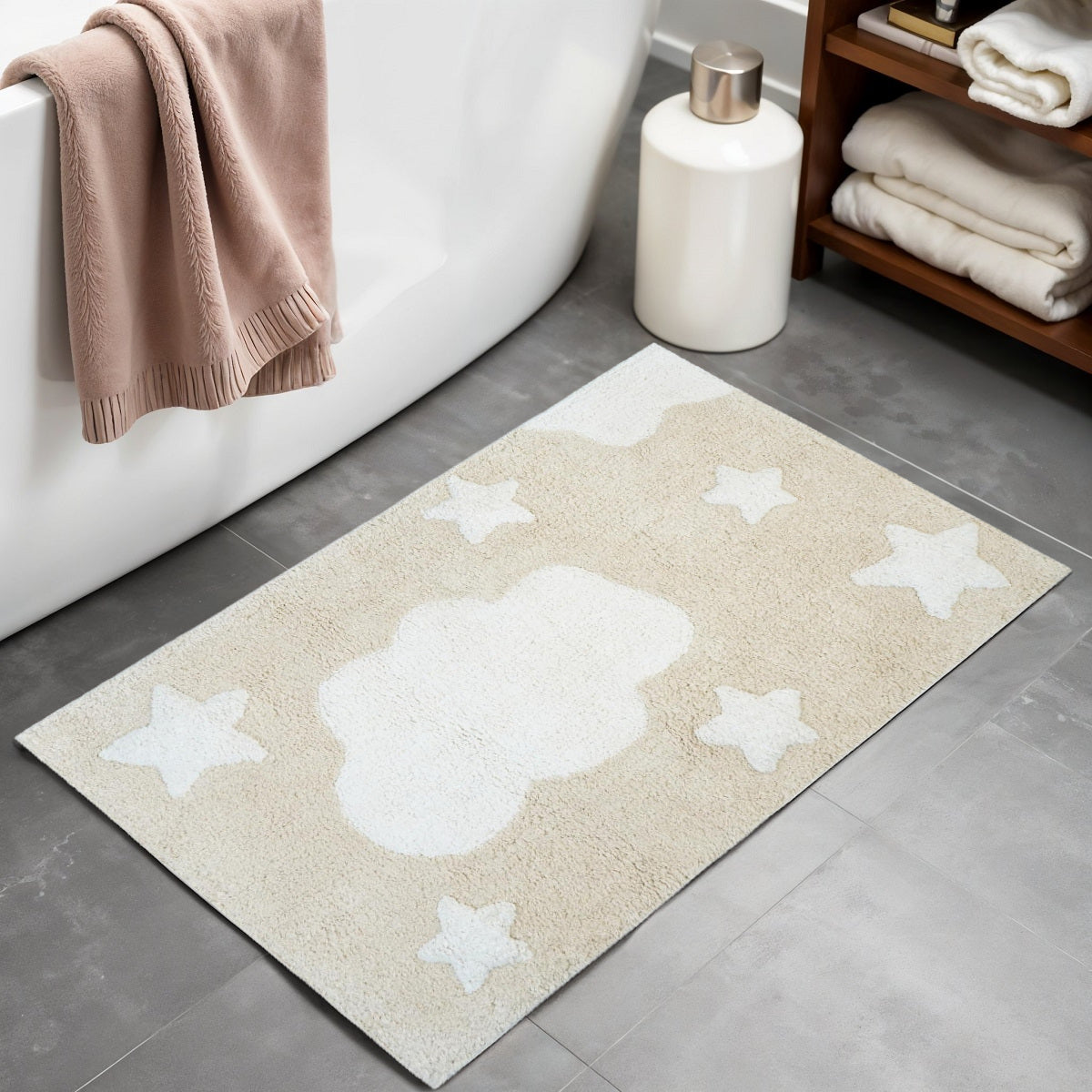 32" White And Beige Cotton Clouds and Stars Youthful Bath Rug-1