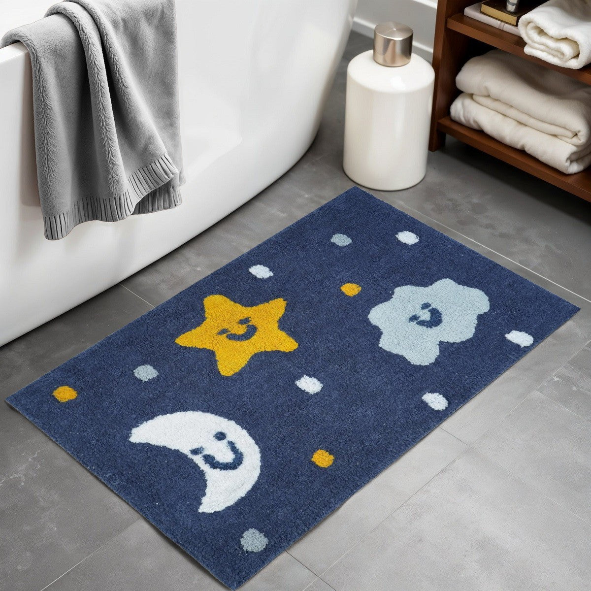 32" White Blue And Yellow Cotton Clouds and Stars Youthful Bath Rug-1