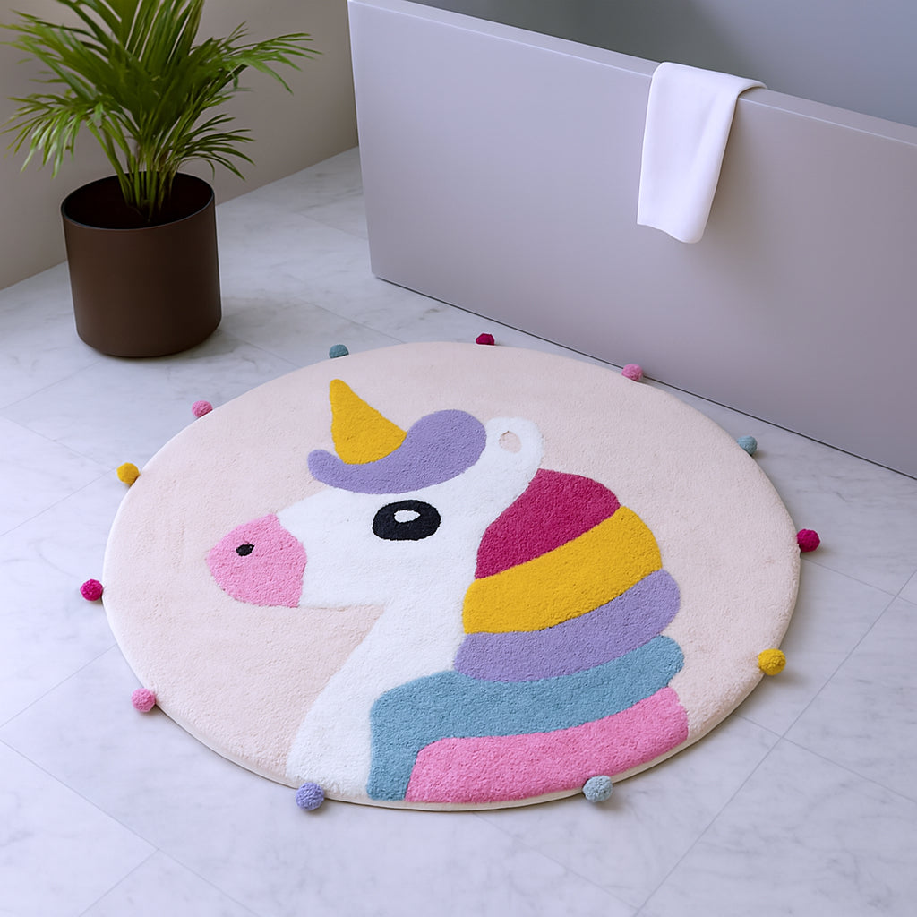 32" Pink And Yellow Cotton Unicorns Round Youthful Bath Rug-1