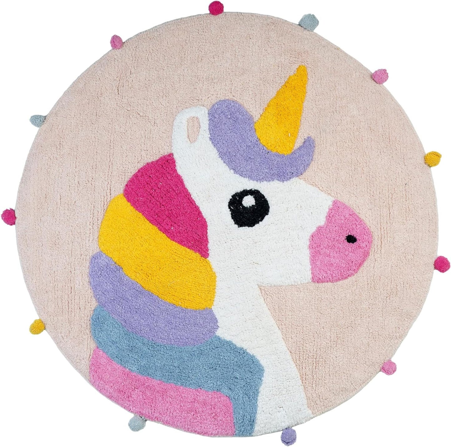 32" Pink And Yellow Cotton Unicorns Round Youthful Bath Rug-2