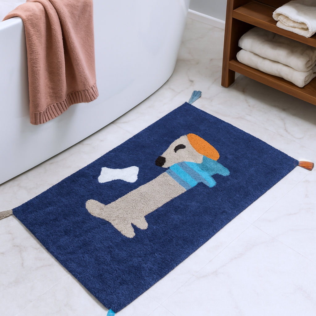 32" Blue Orange And White Cotton Dog Youthful Bath Rug-0