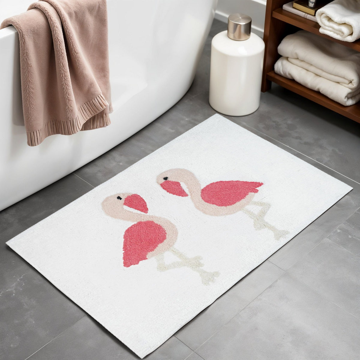 32" Pink And White Cotton Flamingo Bath Rug-0