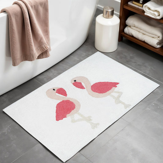 32" Pink And White Cotton Flamingo Bath Rug-0