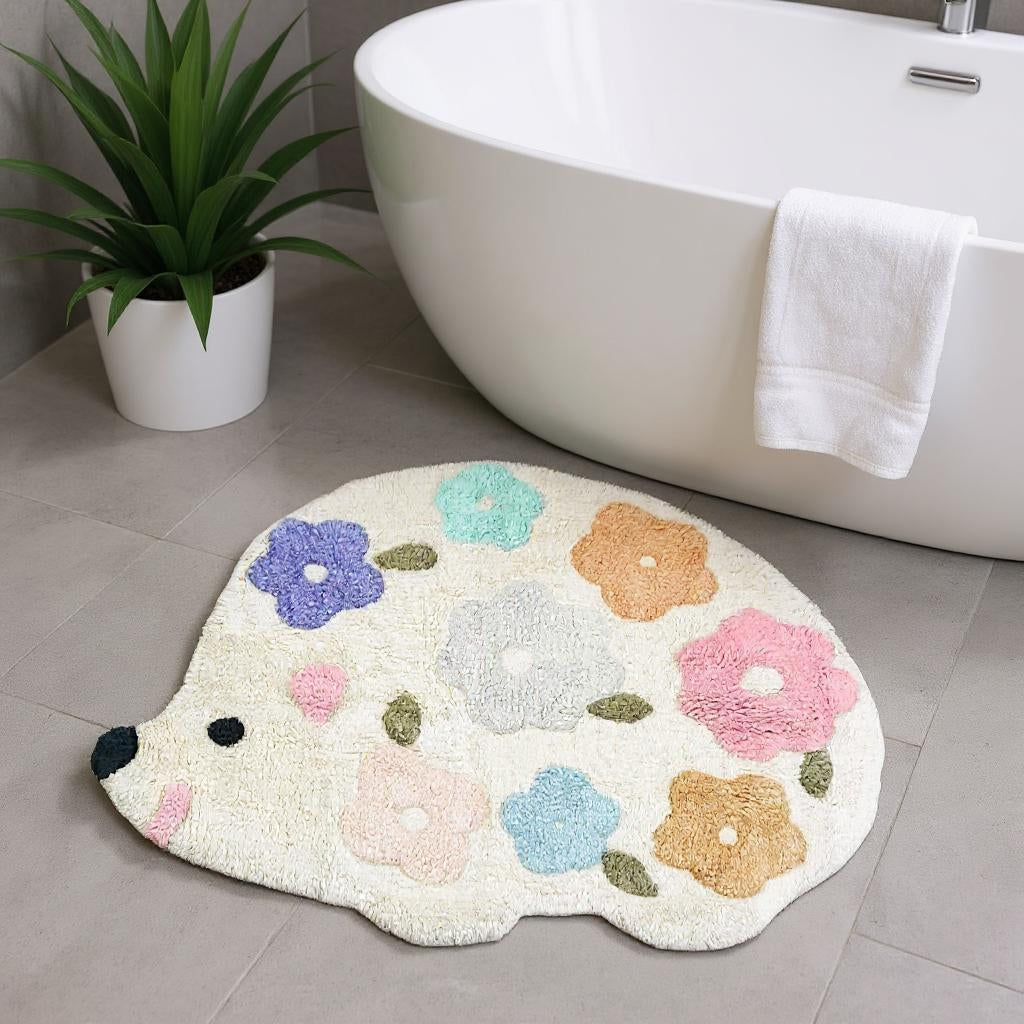 32" White Blue And Pink Cotton Hedgehog Floral Print Bath Rug-1