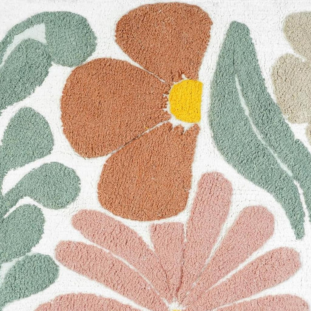 32" Light Blue Red And White Cotton Floral Bath Rug-4