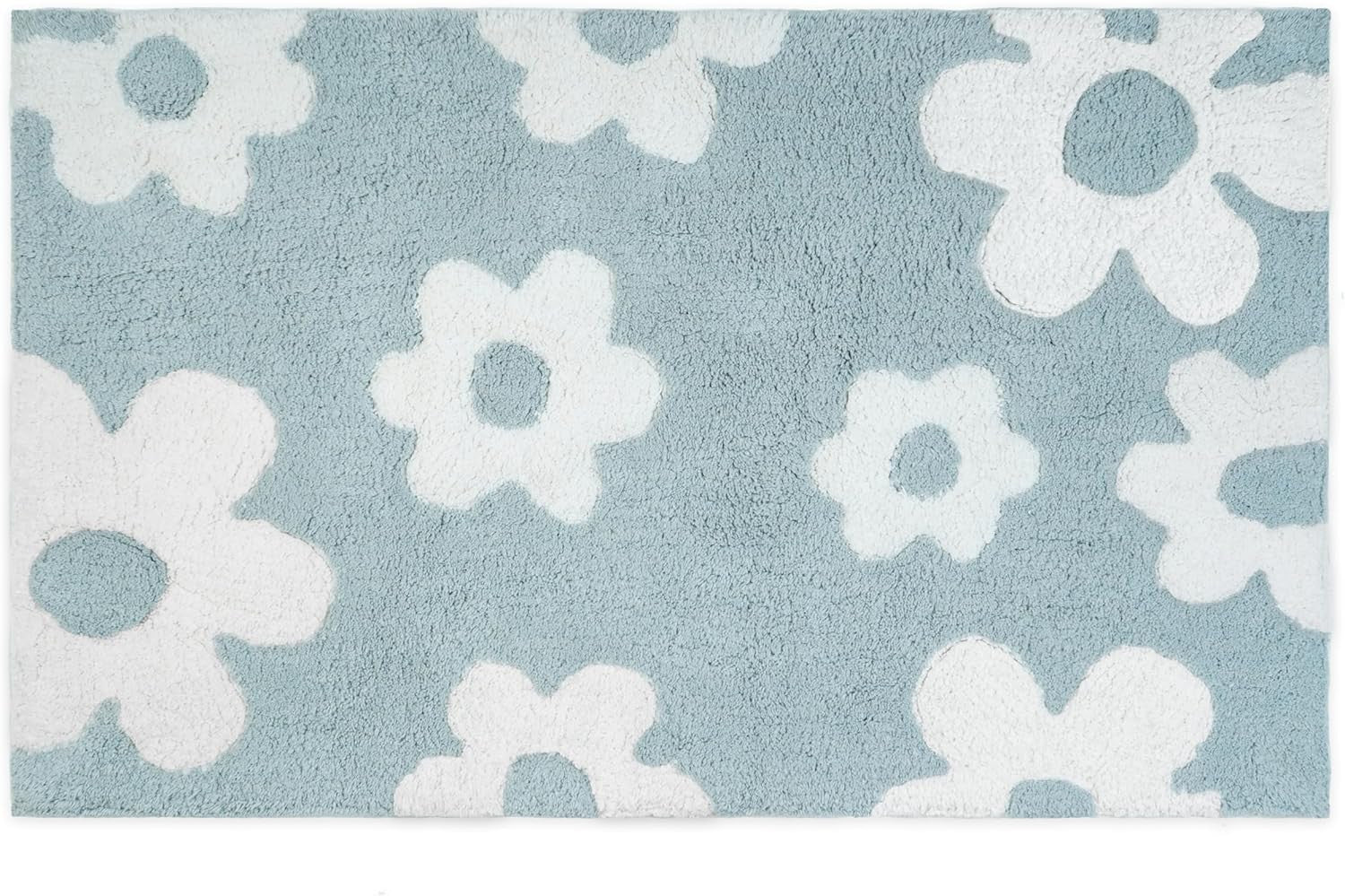 32" Blue And White Cotton Floral Bath Rug-0