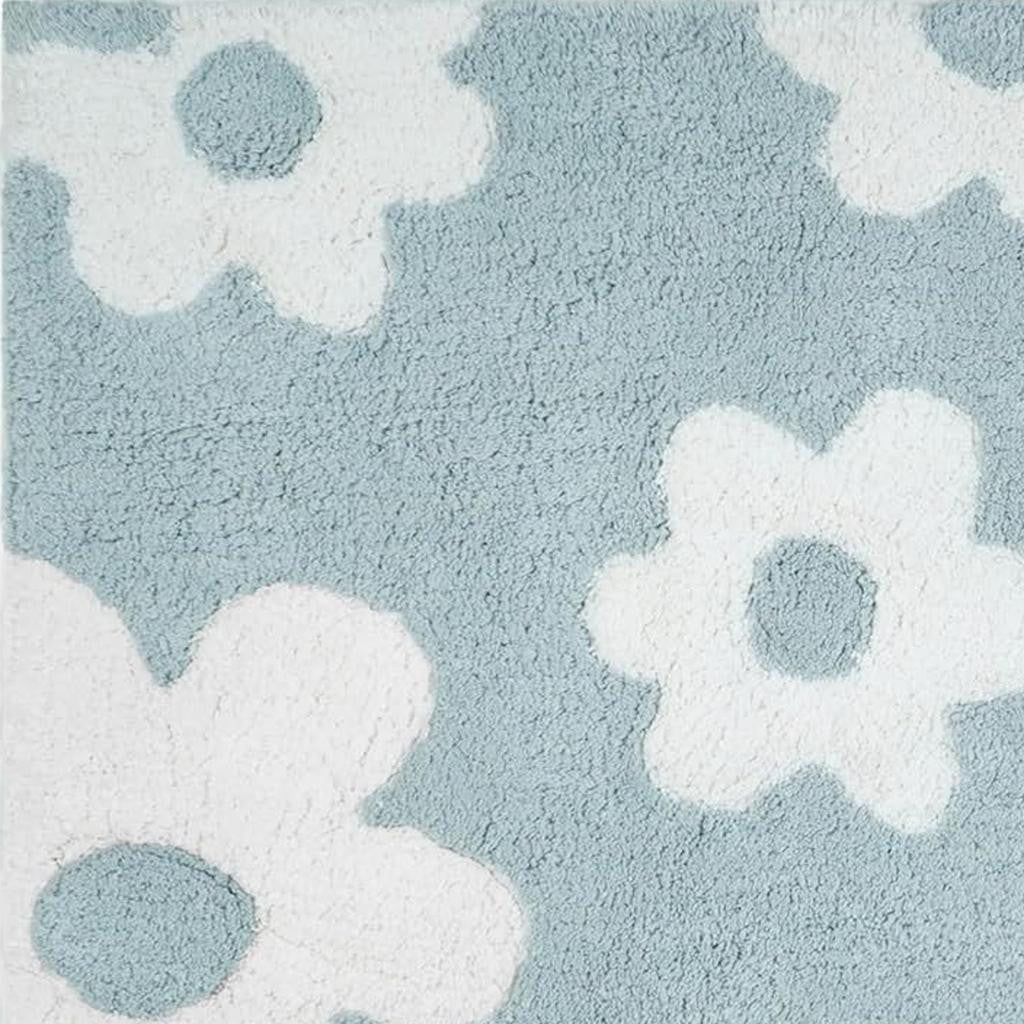 32" Blue And White Cotton Floral Bath Rug-6