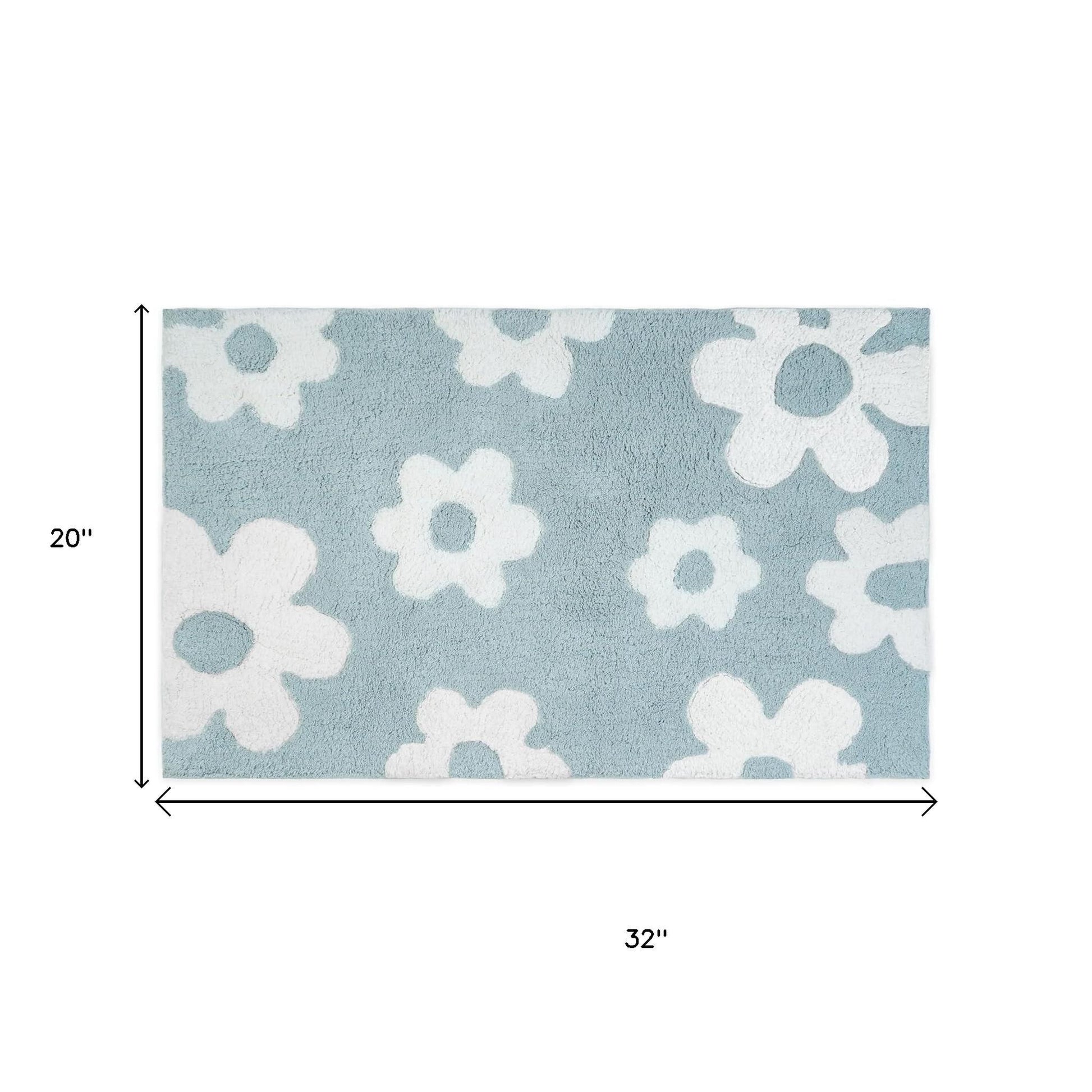 32" Blue And White Cotton Floral Bath Rug-5