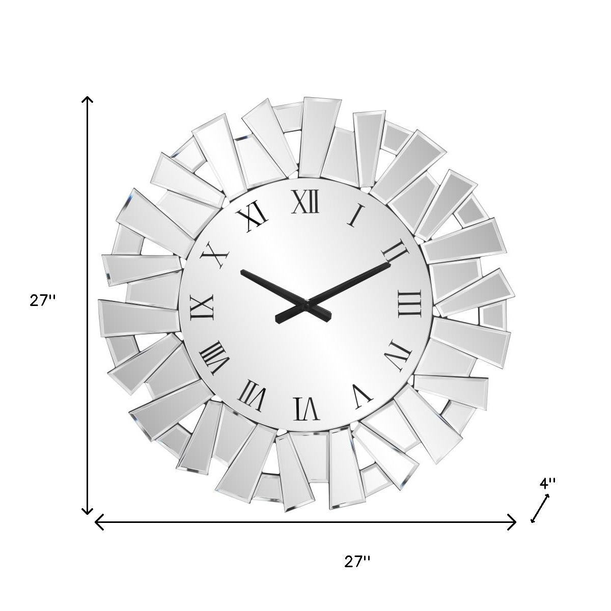 27" Silver Mirrored Glass Silent Analog Sunburst Wall Clock-7