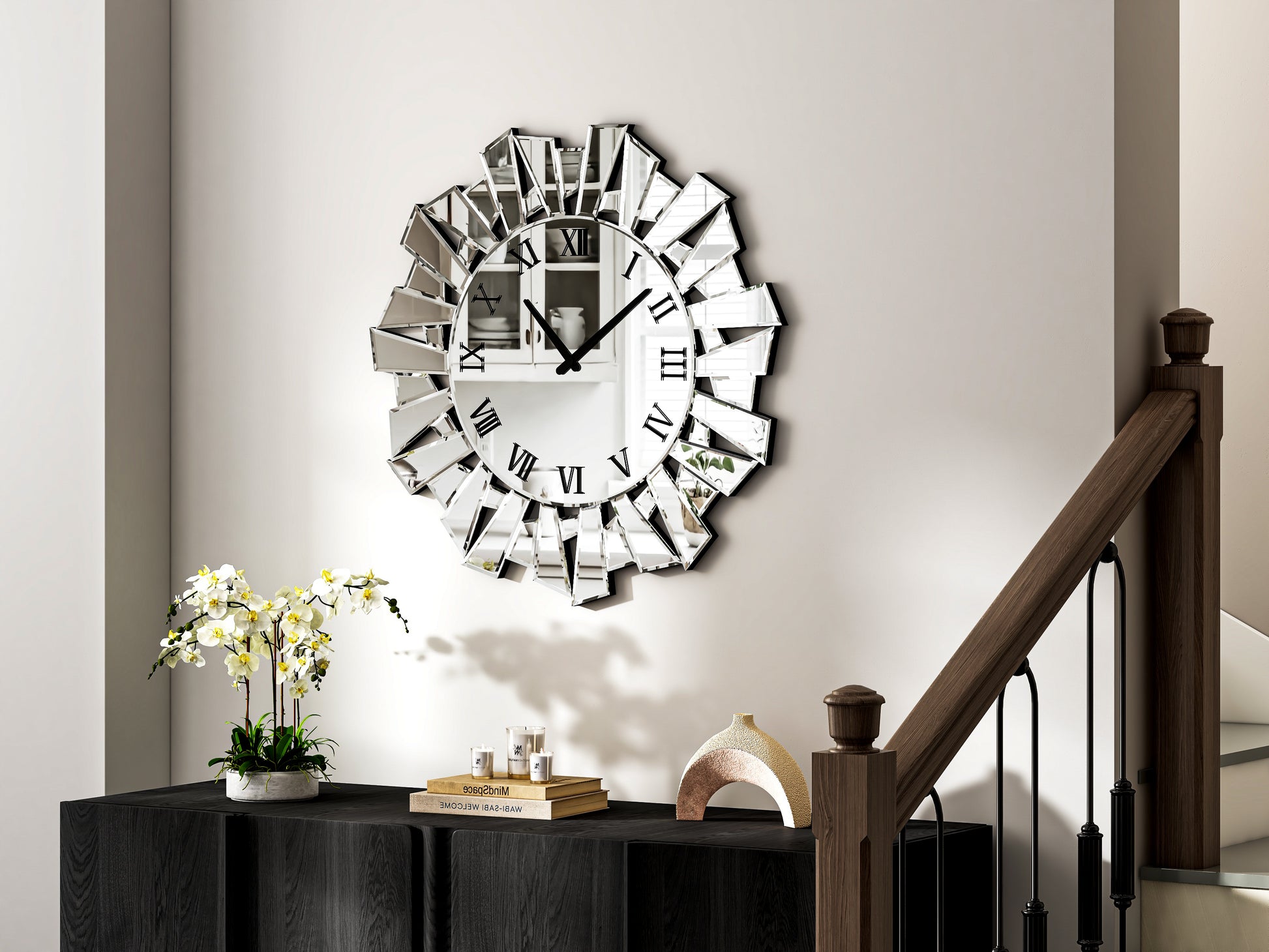 27" Silver Mirrored Glass Silent Analog Sunburst Wall Clock-4