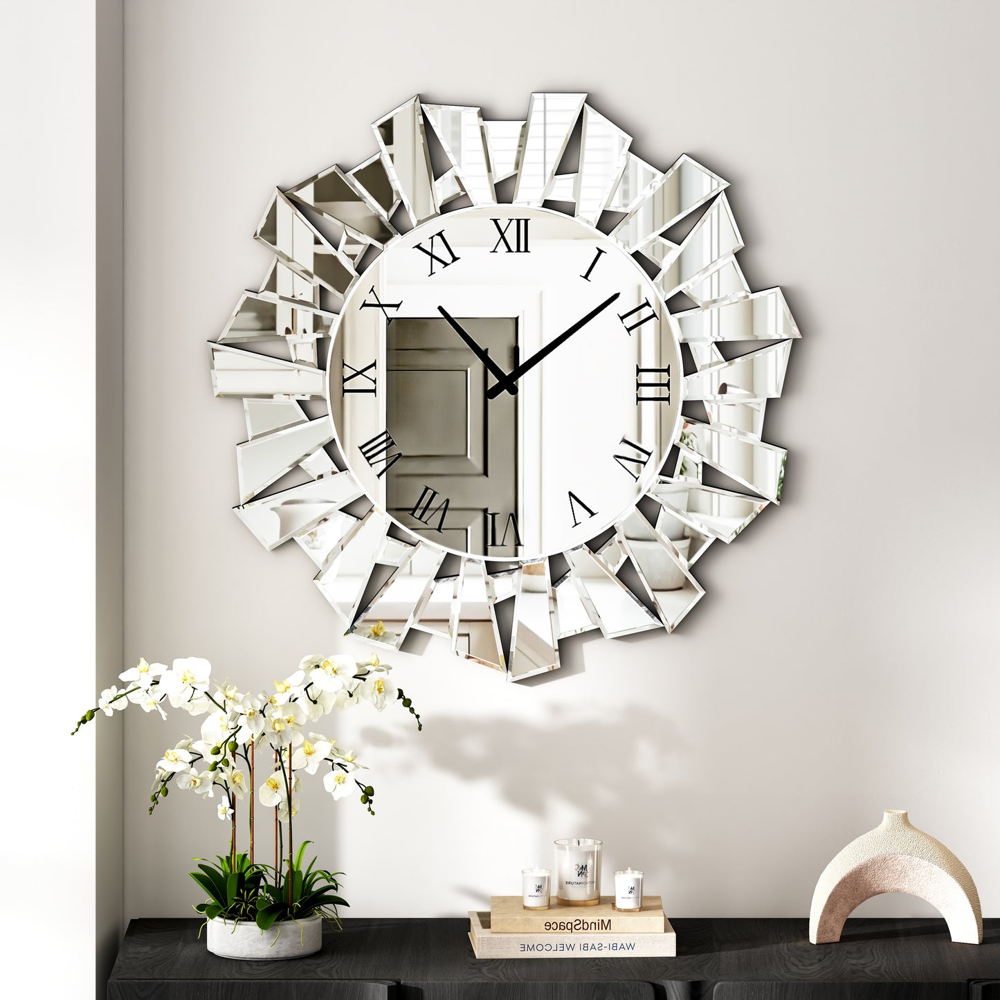 27" Silver Mirrored Glass Silent Analog Sunburst Wall Clock-5
