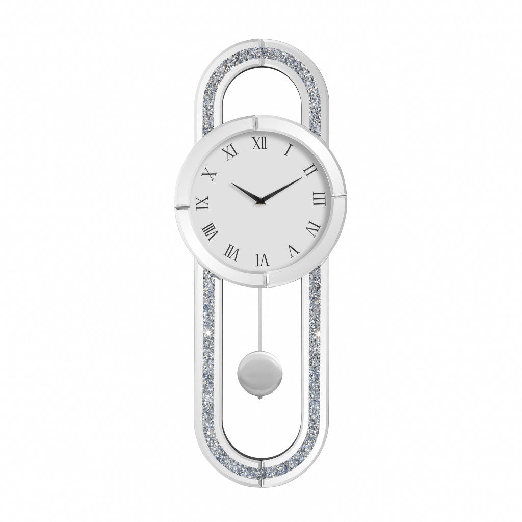 15" Silver Faux Crystal And Mirrored Glass Silent Analog Oval Wall Clock-0