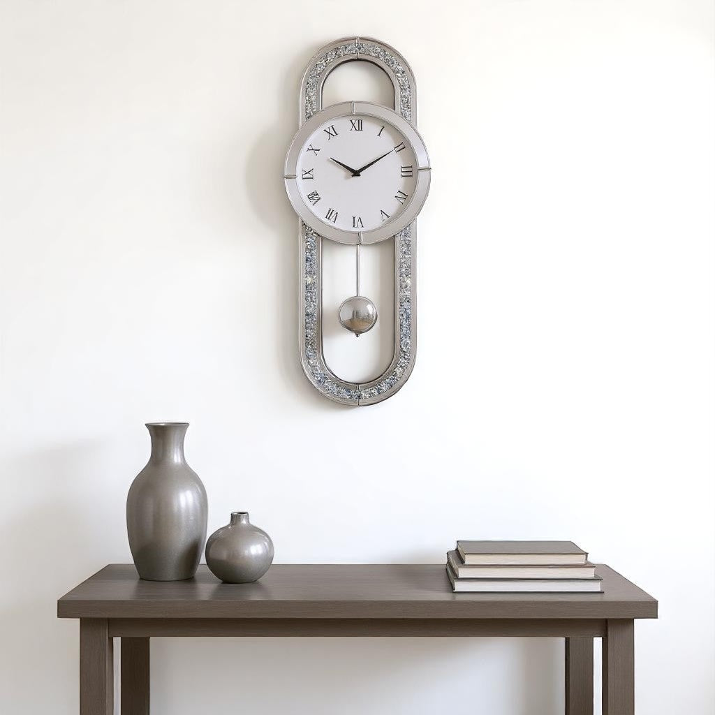 15" Silver Faux Crystal And Mirrored Glass Silent Analog Oval Wall Clock-1