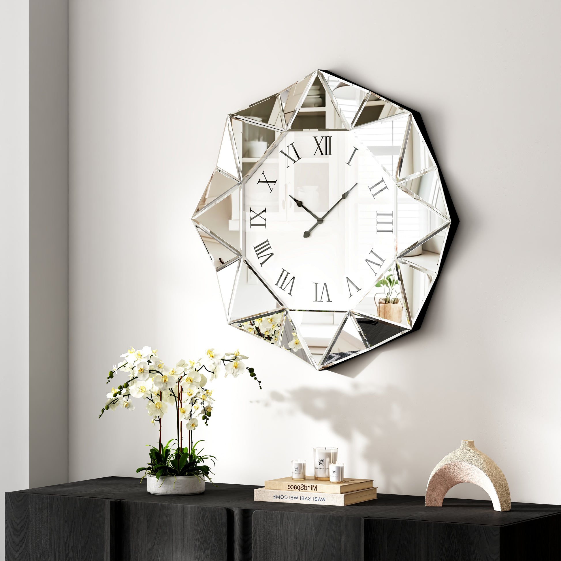 26" Silver Mirrored Glass Silent Analog Geometric Wall Clock-4