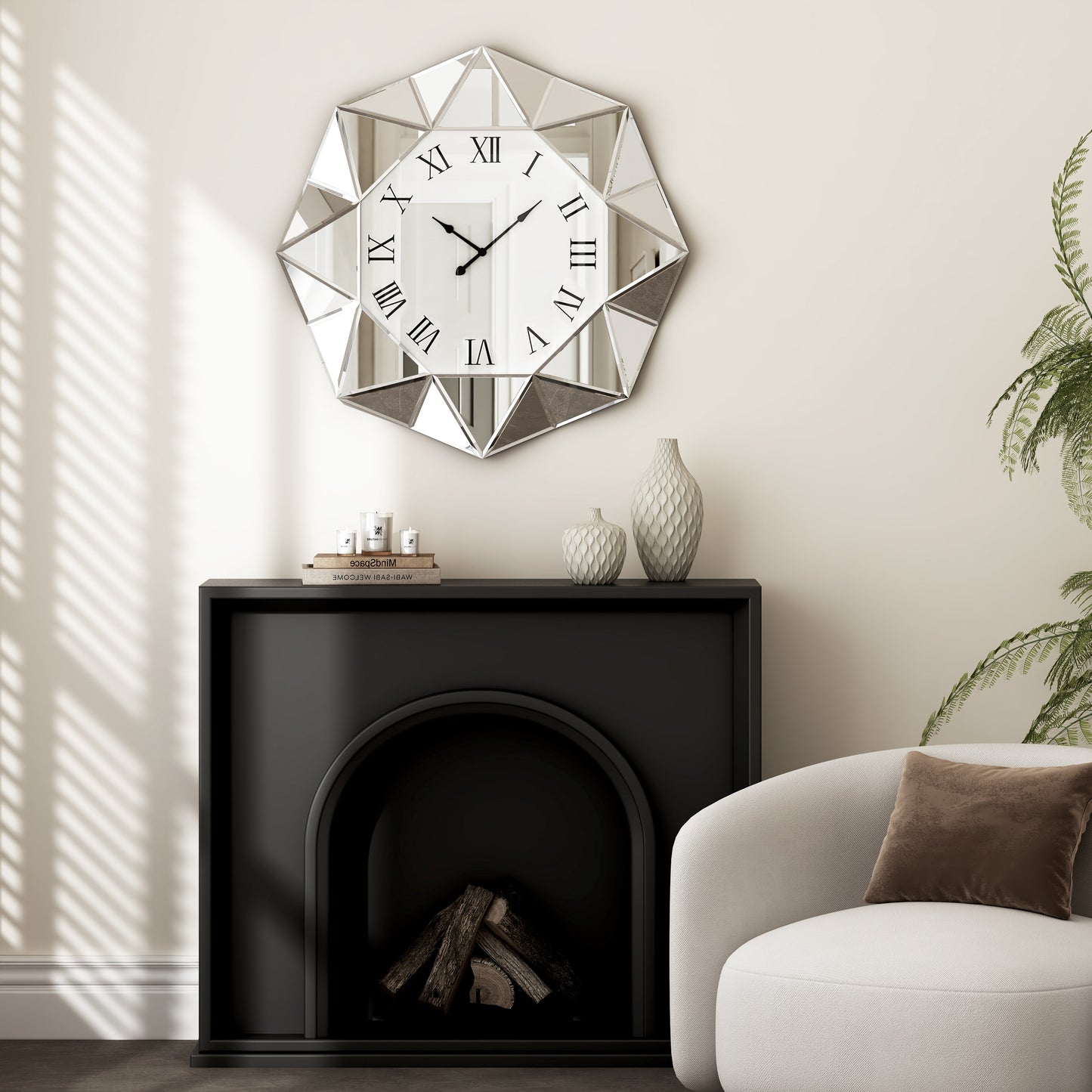 26" Silver Mirrored Glass Silent Analog Geometric Wall Clock-6