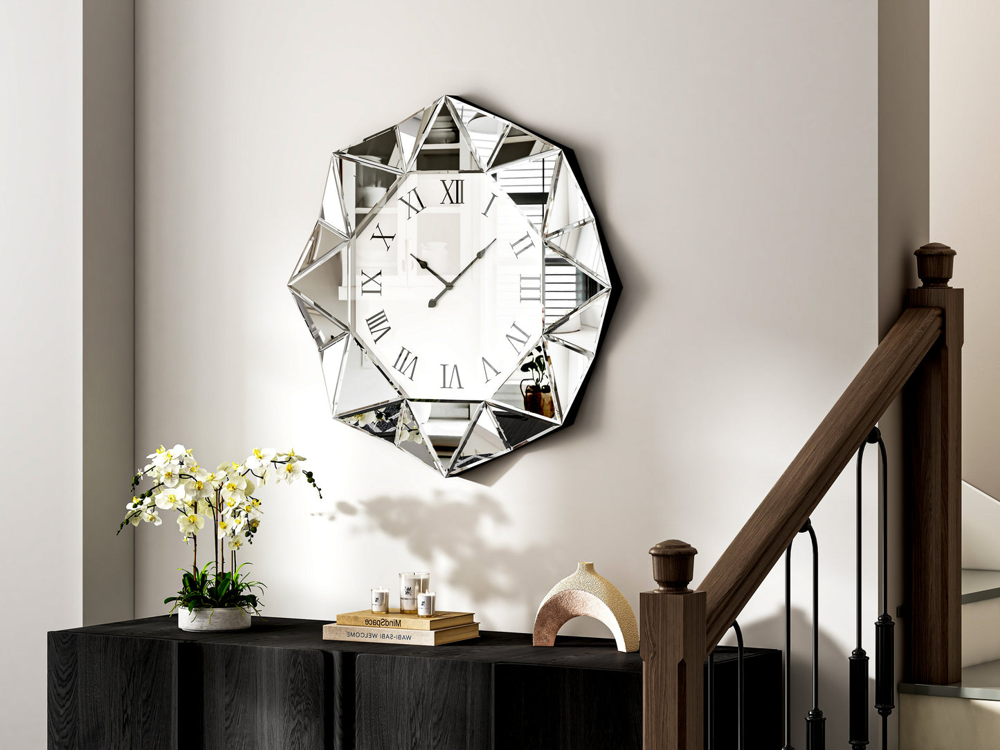 26" Silver Mirrored Glass Silent Analog Geometric Wall Clock-7