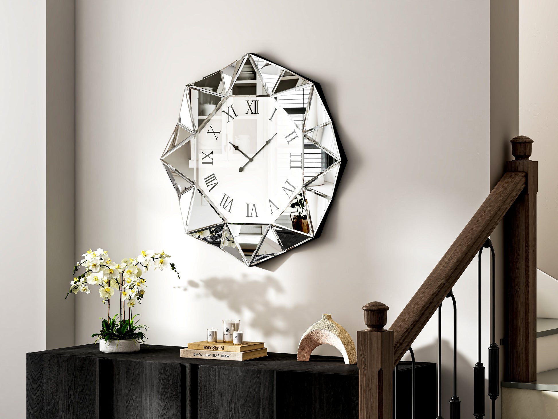 26" Silver Mirrored Glass Silent Analog Geometric Wall Clock-7