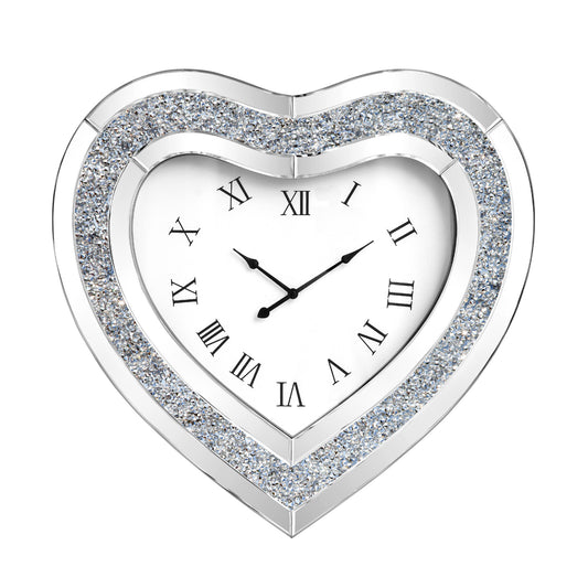 27" Silver Faux Crystal And Mirrored Glass Silent Analog Heart Wall Clock-0