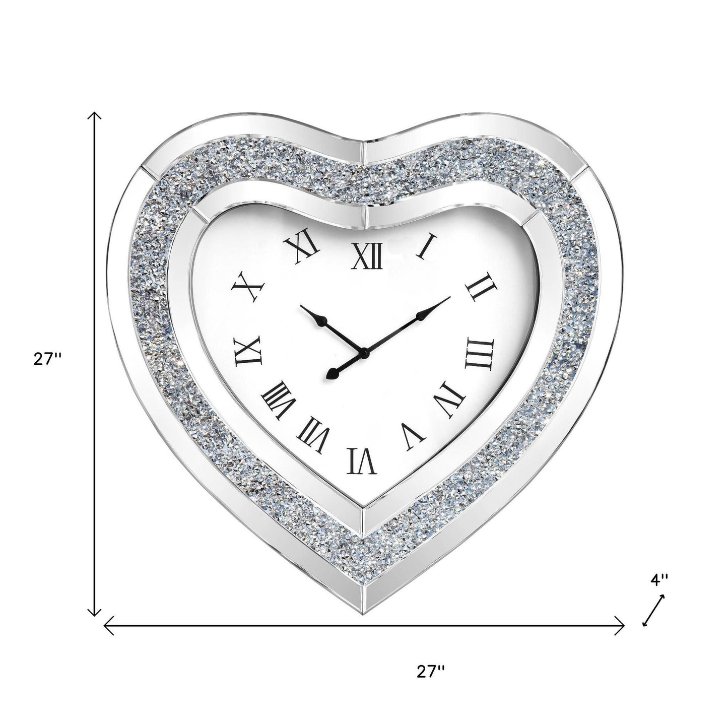 27" Silver Faux Crystal And Mirrored Glass Silent Analog Heart Wall Clock-7