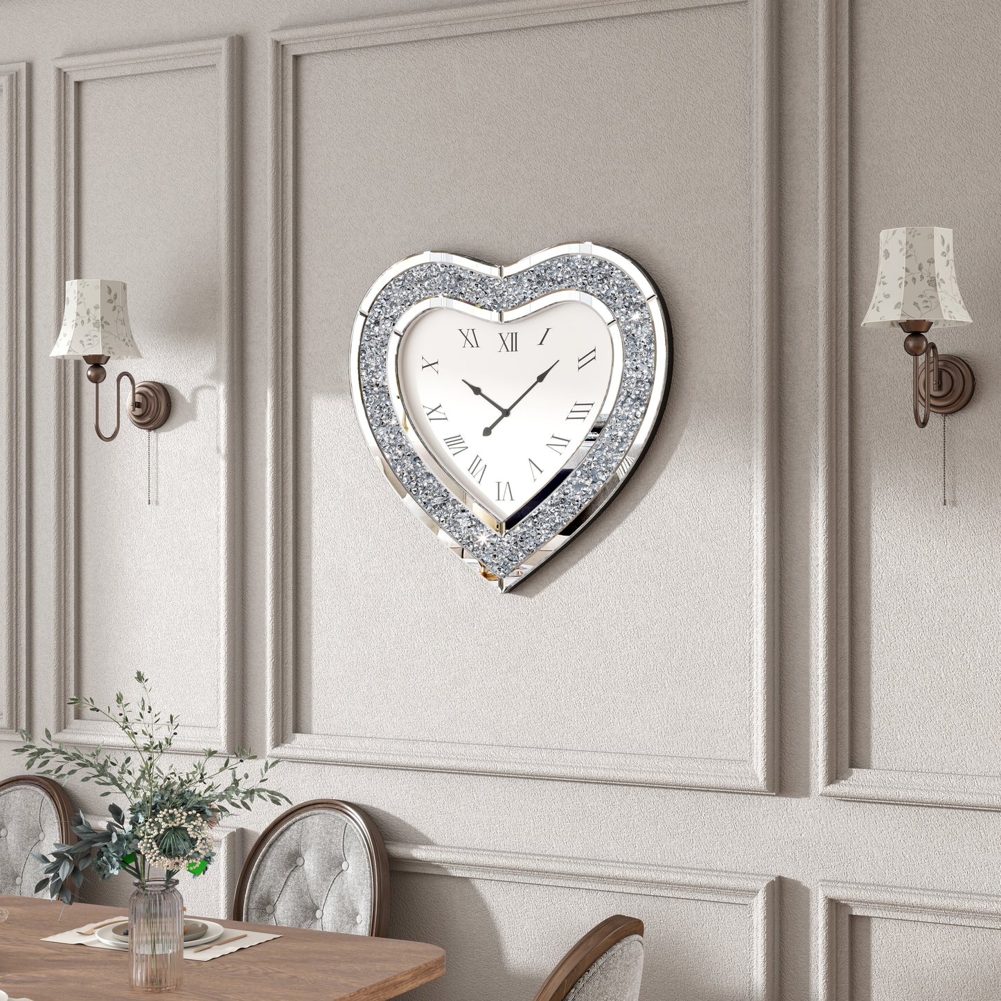 27" Silver Faux Crystal And Mirrored Glass Silent Analog Heart Wall Clock-4