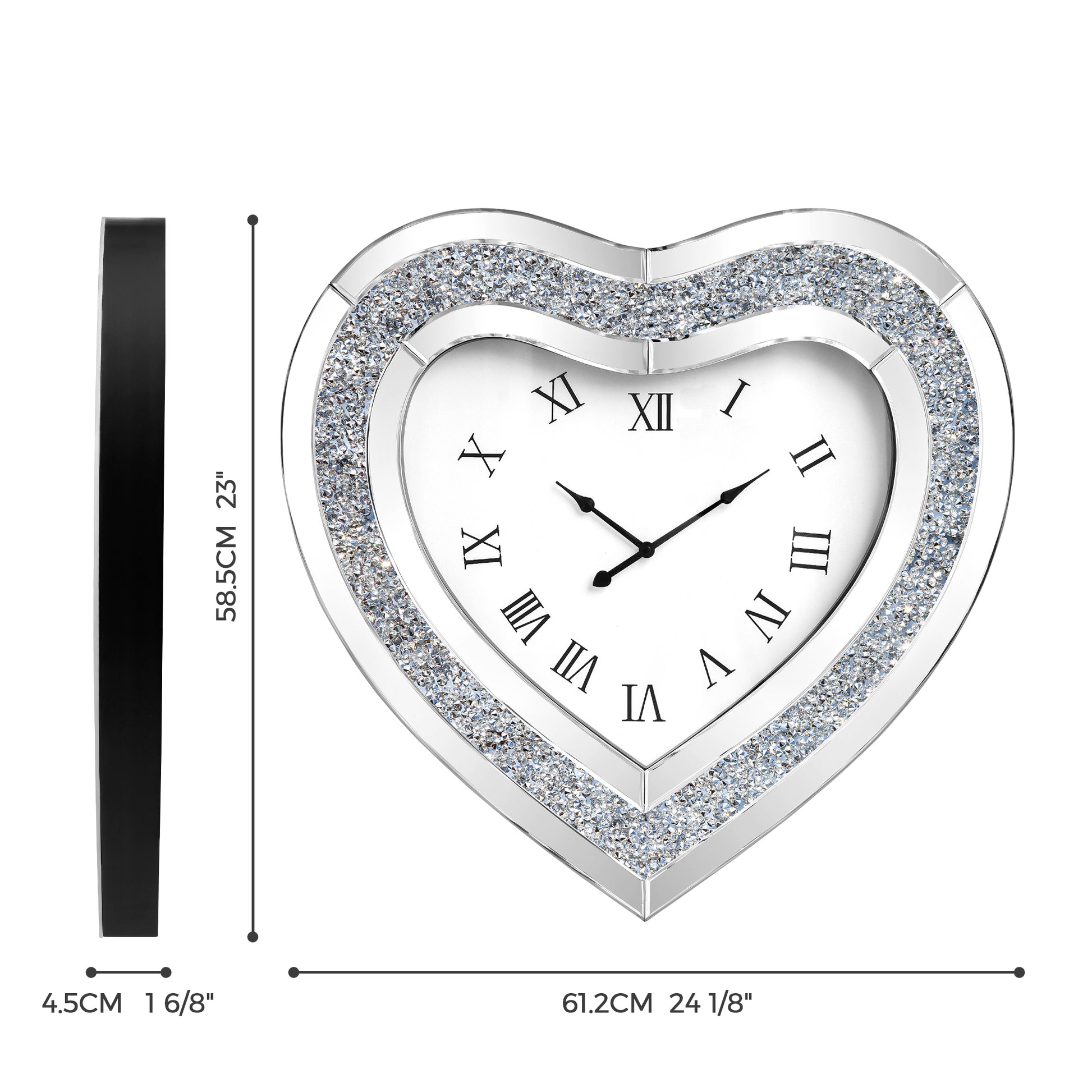 27" Silver Faux Crystal And Mirrored Glass Silent Analog Heart Wall Clock-8