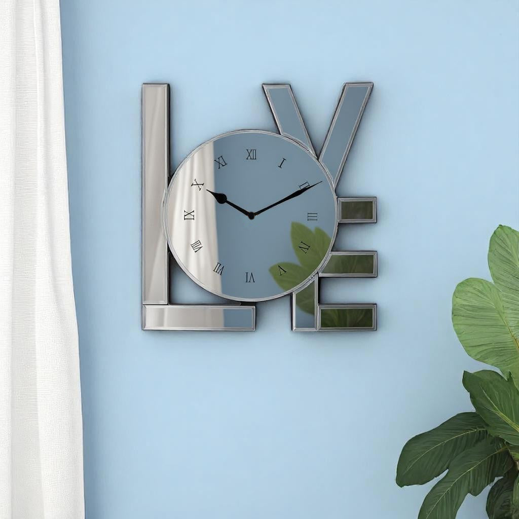 11" Silver Mirrored Glass Love Wall Clock-4