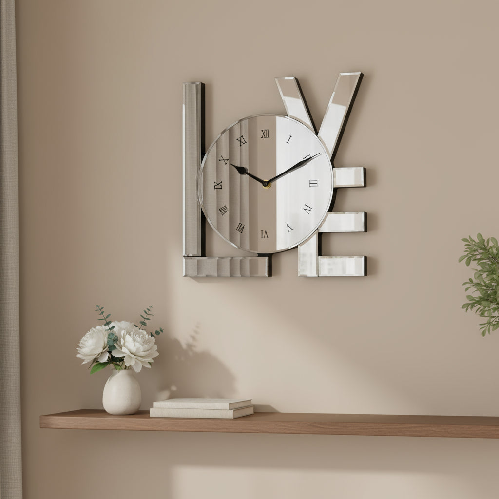 11" Silver Mirrored Glass Love Wall Clock-1