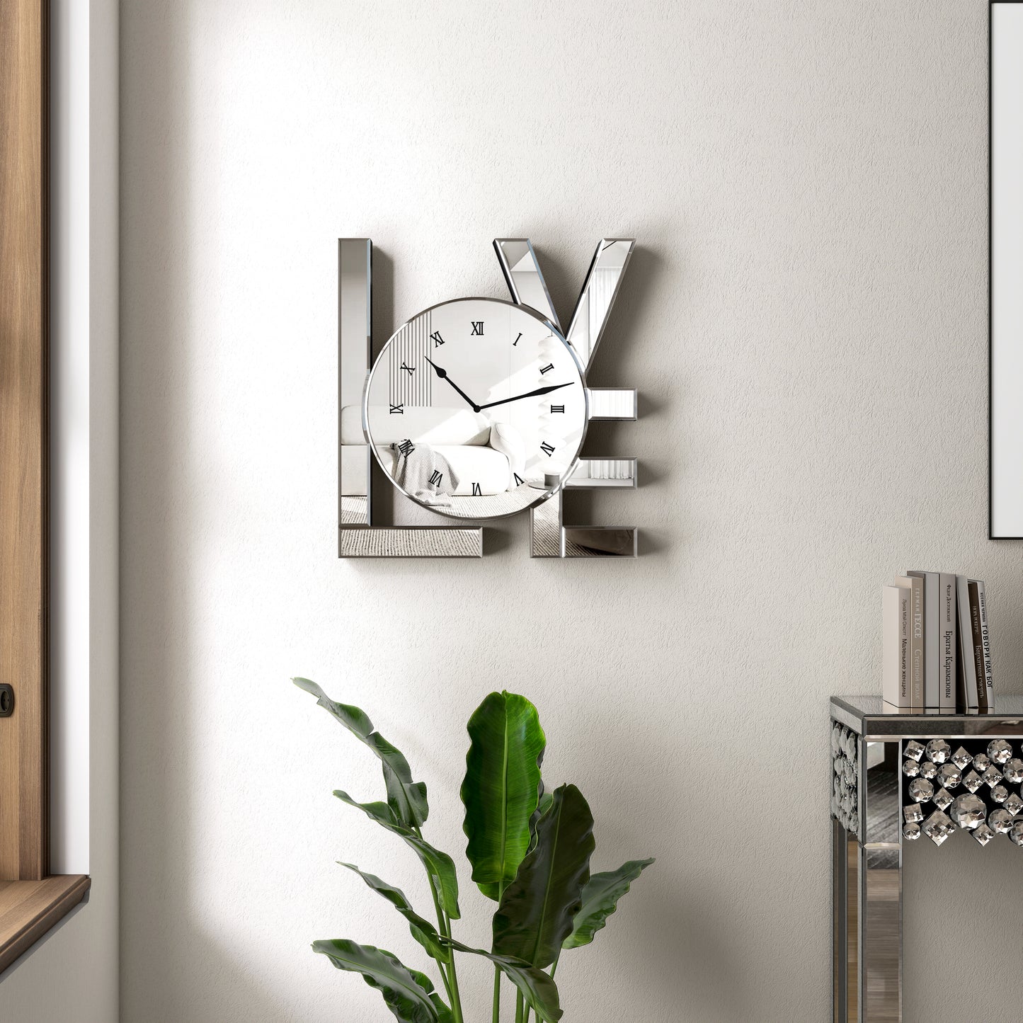 11" Silver Mirrored Glass Love Wall Clock-5