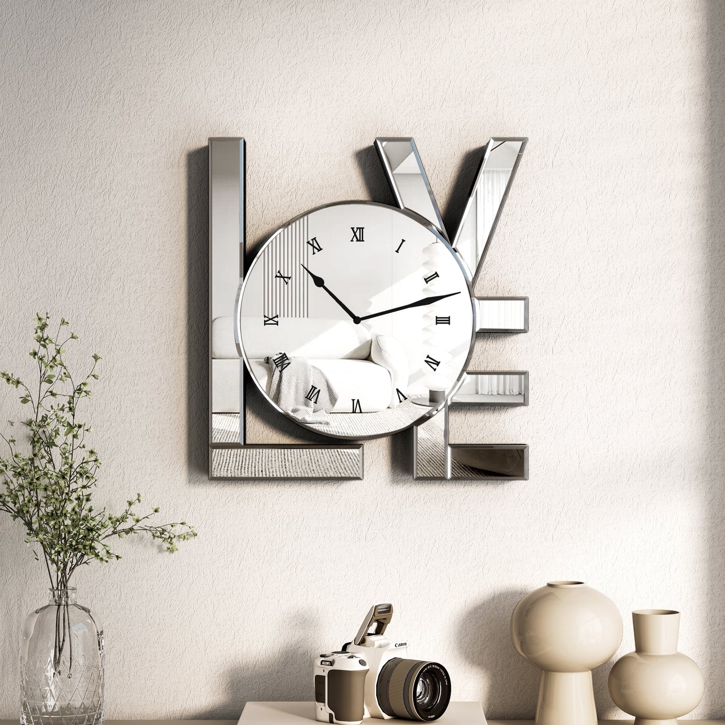11" Silver Mirrored Glass Love Wall Clock-7