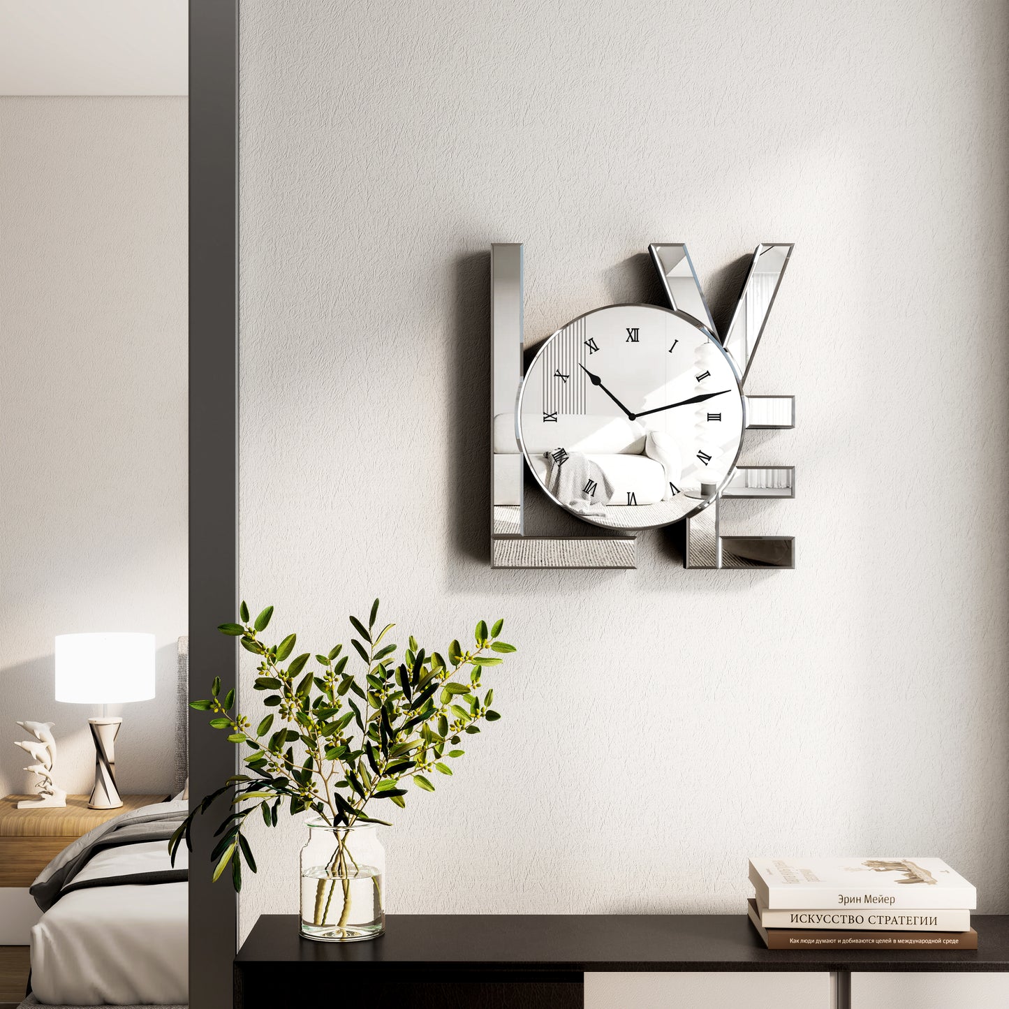 11" Silver Mirrored Glass Love Wall Clock-8