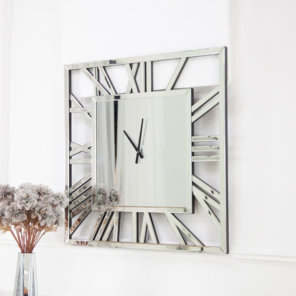 27" Silver Mirrored Glass Silent Analog Square Wall Clock-3