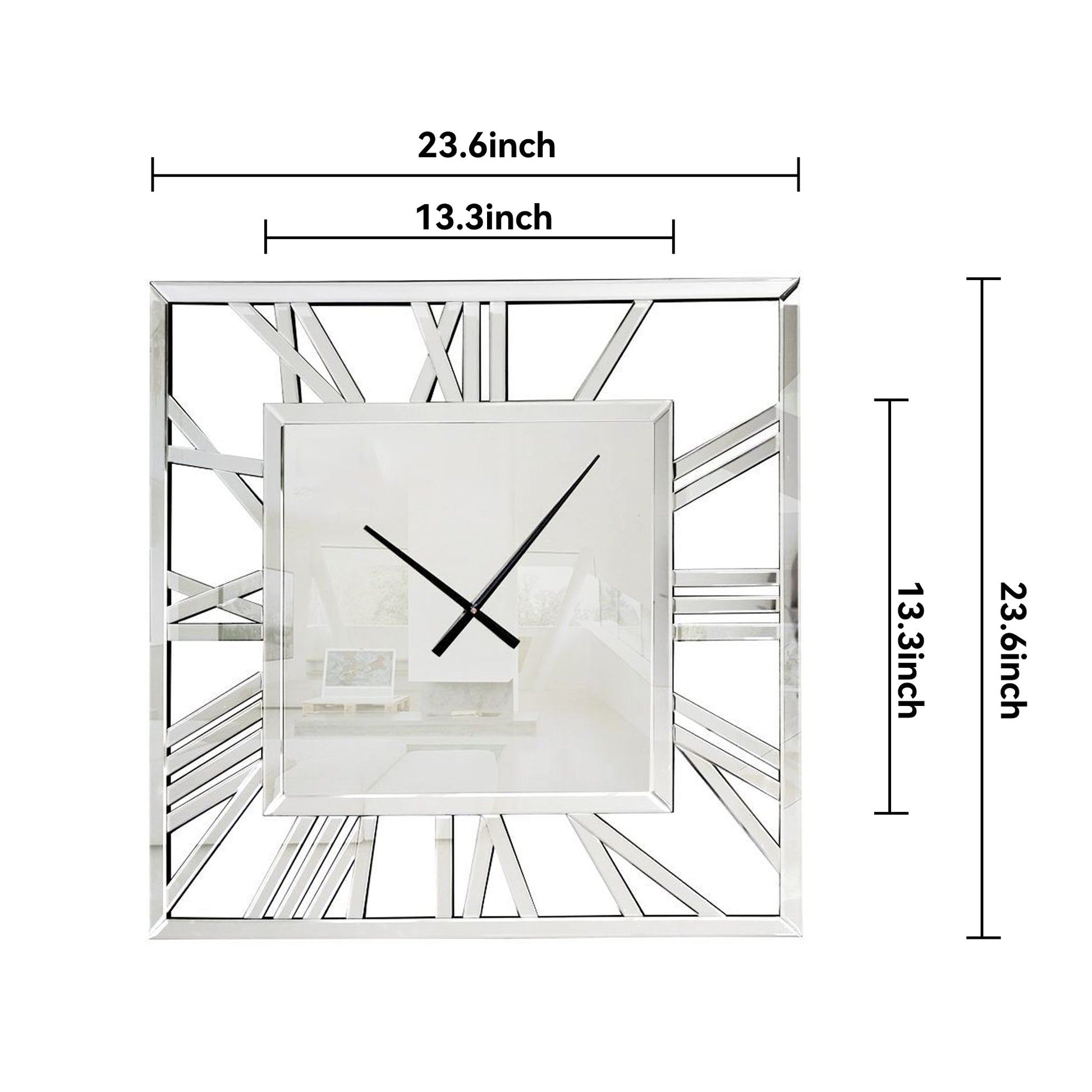 27" Silver Mirrored Glass Silent Analog Square Wall Clock-6