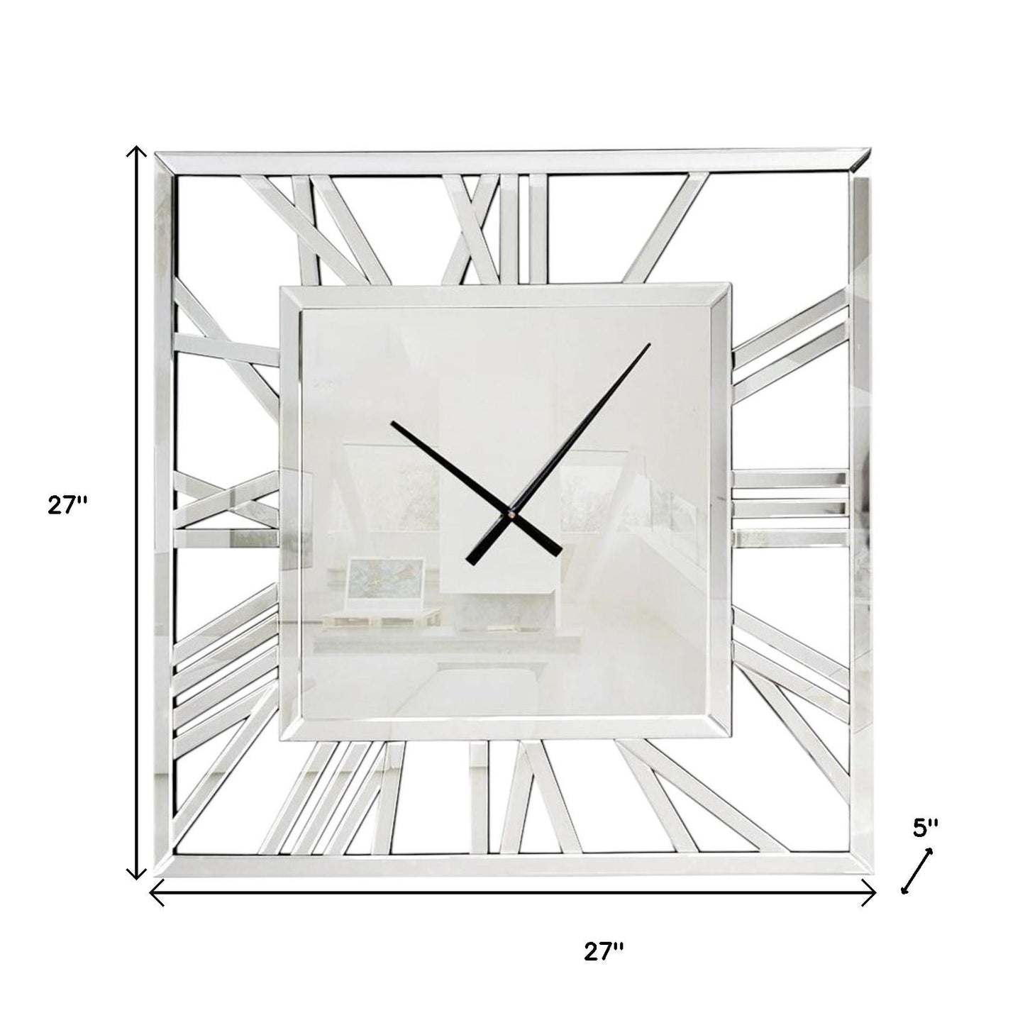 27" Silver Mirrored Glass Silent Analog Square Wall Clock-5