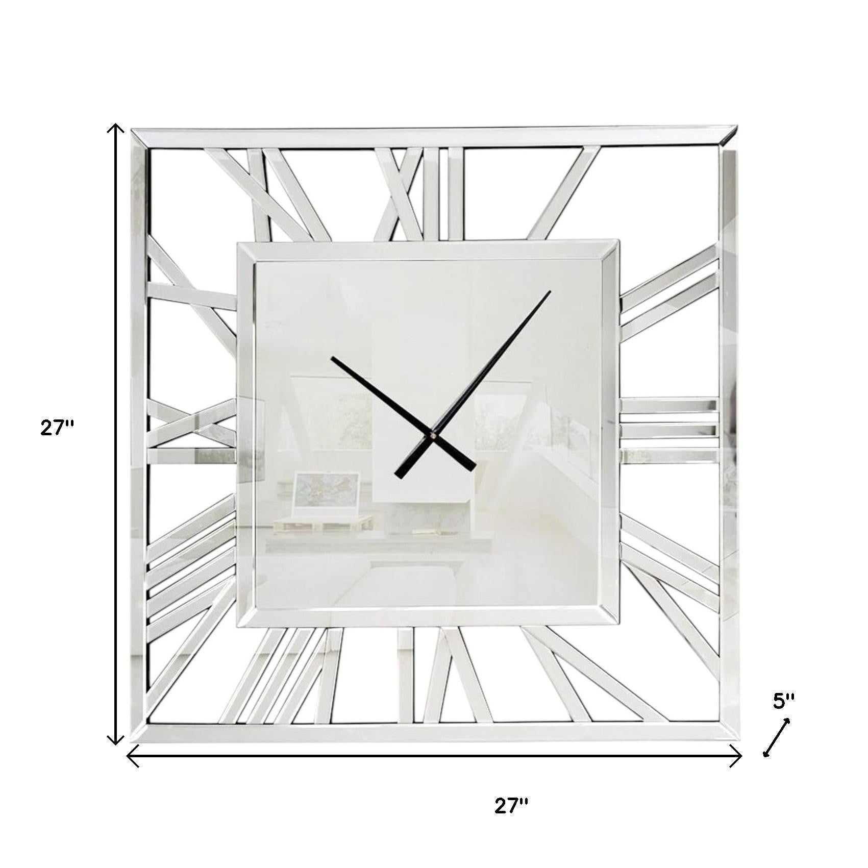 27" Silver Mirrored Glass Silent Analog Square Wall Clock-5