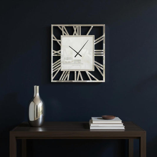 27" Silver Mirrored Glass Silent Analog Square Wall Clock-0