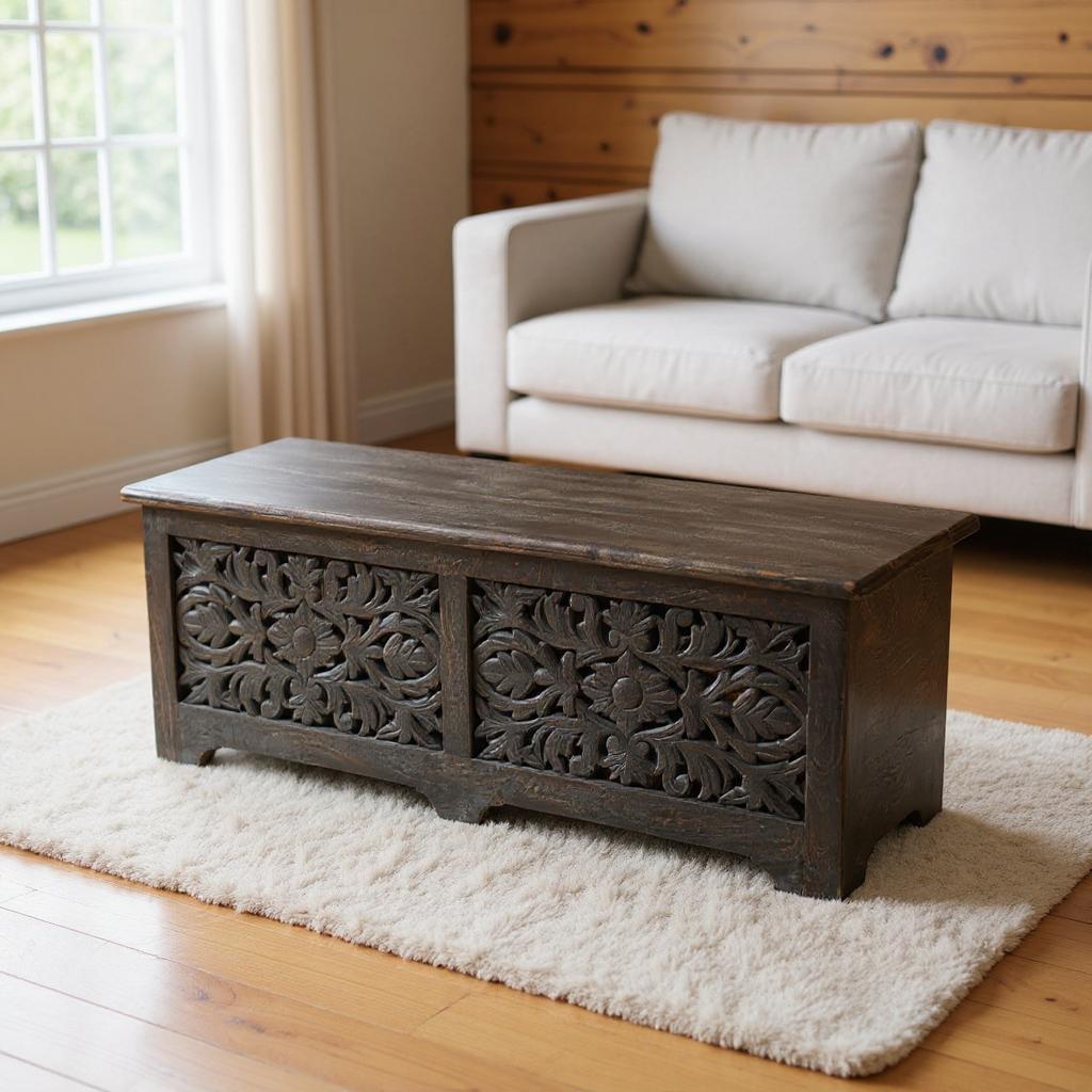 52" Black Distressed Solid Wood Carved Floral Storage Ottoman-1