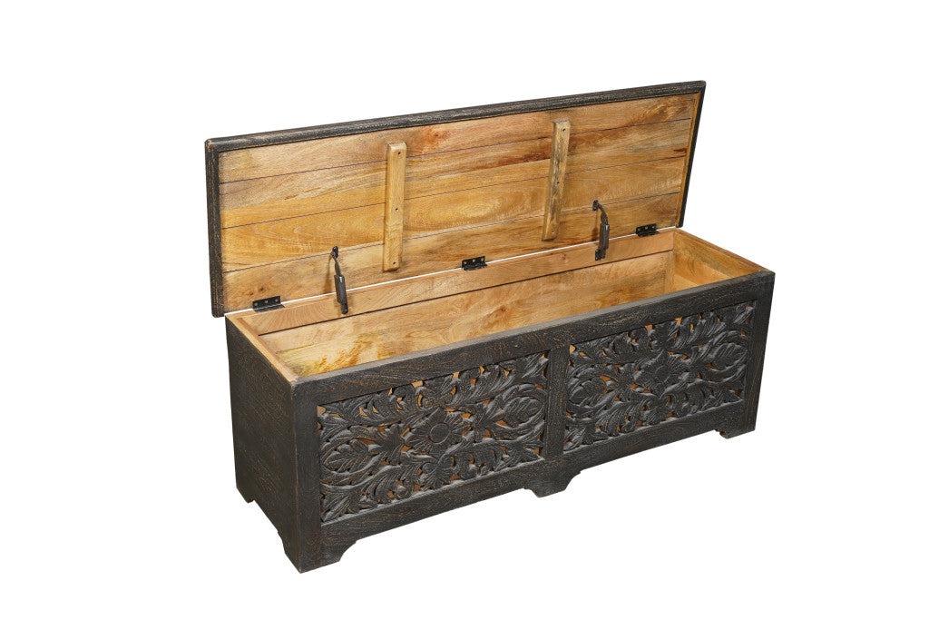 52" Black Distressed Solid Wood Carved Floral Storage Ottoman-2