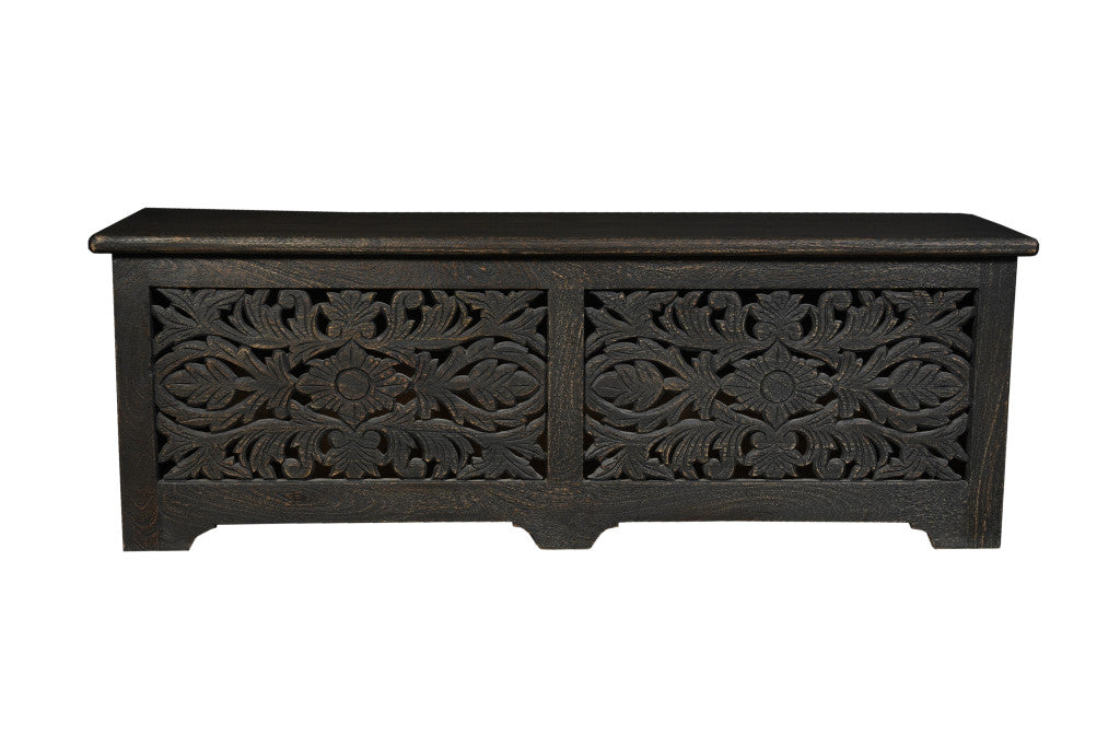 52" Black Distressed Solid Wood Carved Floral Storage Ottoman-3