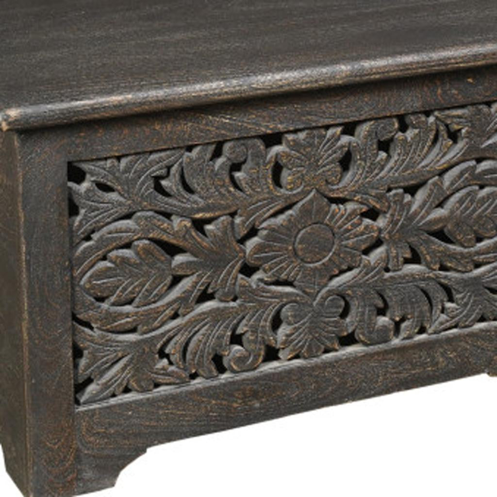 52" Black Distressed Solid Wood Carved Floral Storage Ottoman-5