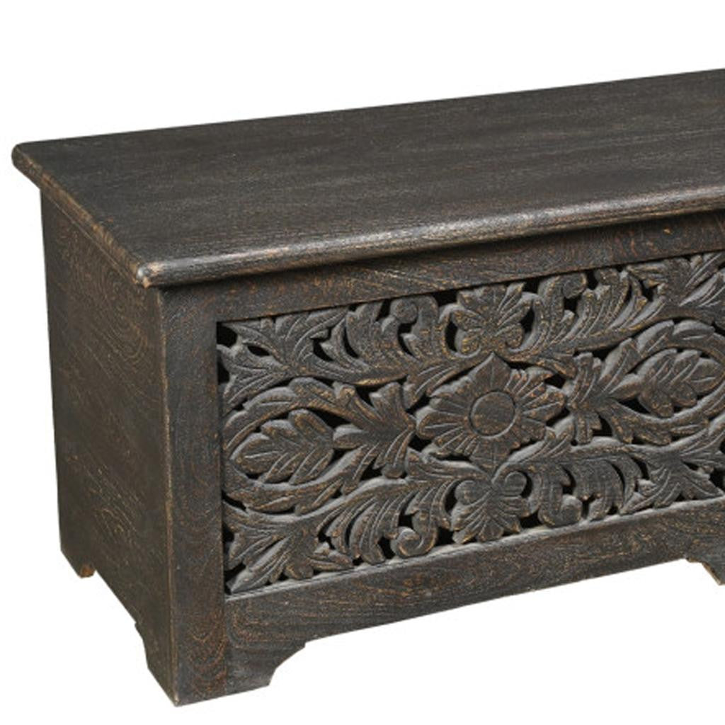 52" Black Distressed Solid Wood Carved Floral Storage Ottoman-6