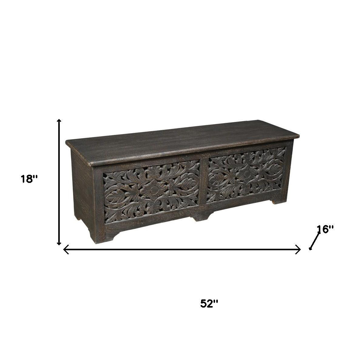 52" Black Distressed Solid Wood Carved Floral Storage Ottoman-7