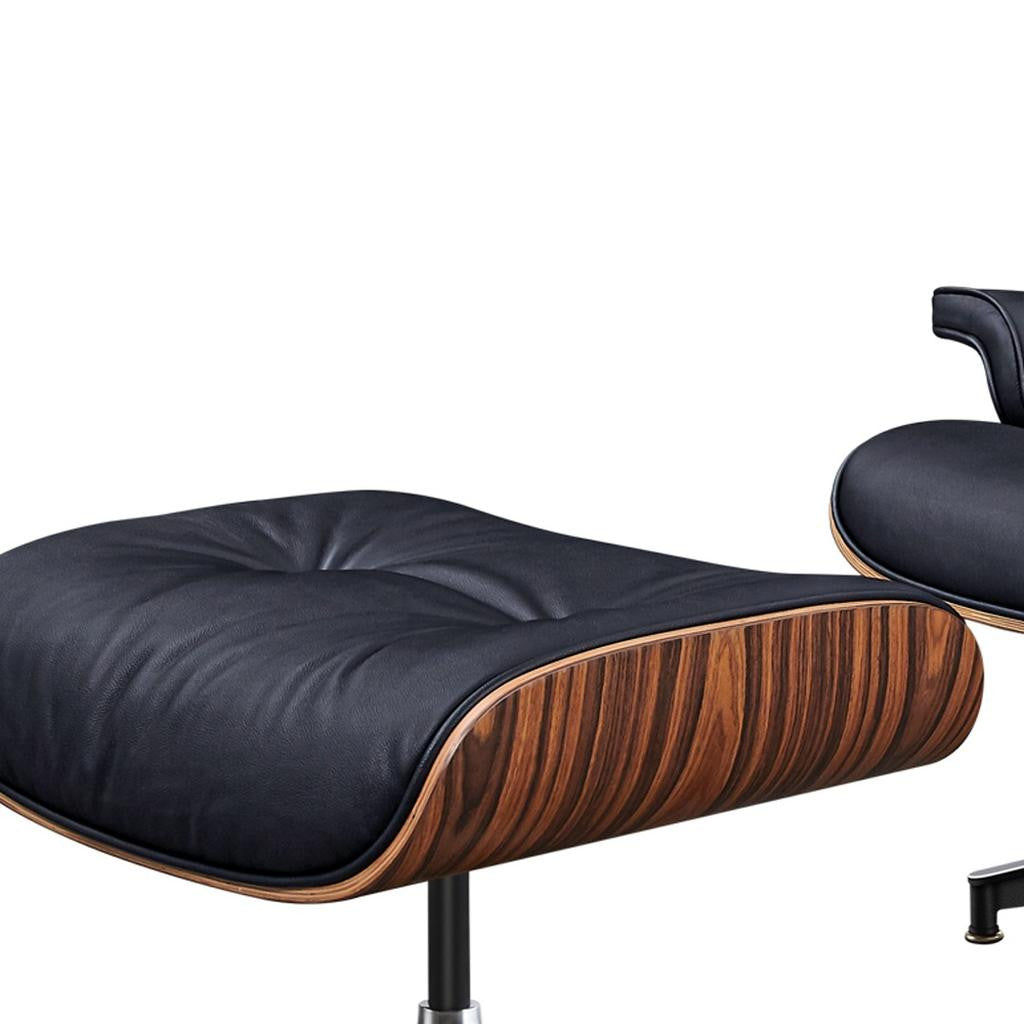 28" Black and Rosewood Tufted Genuine Leather Lounge Chair With Ottoman-7