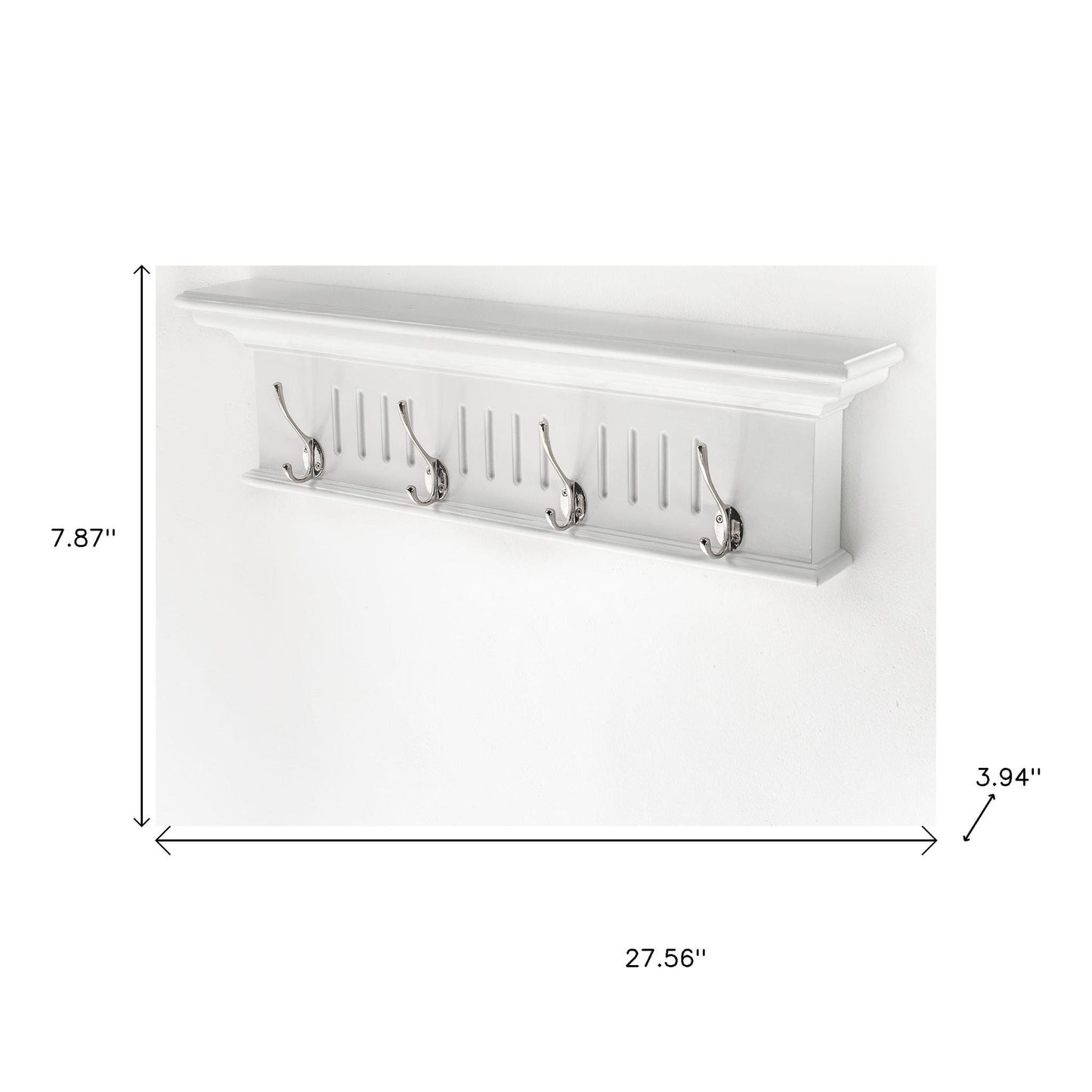 28" White Solid Wood Four Hook Wall Mount Coat Rack-6