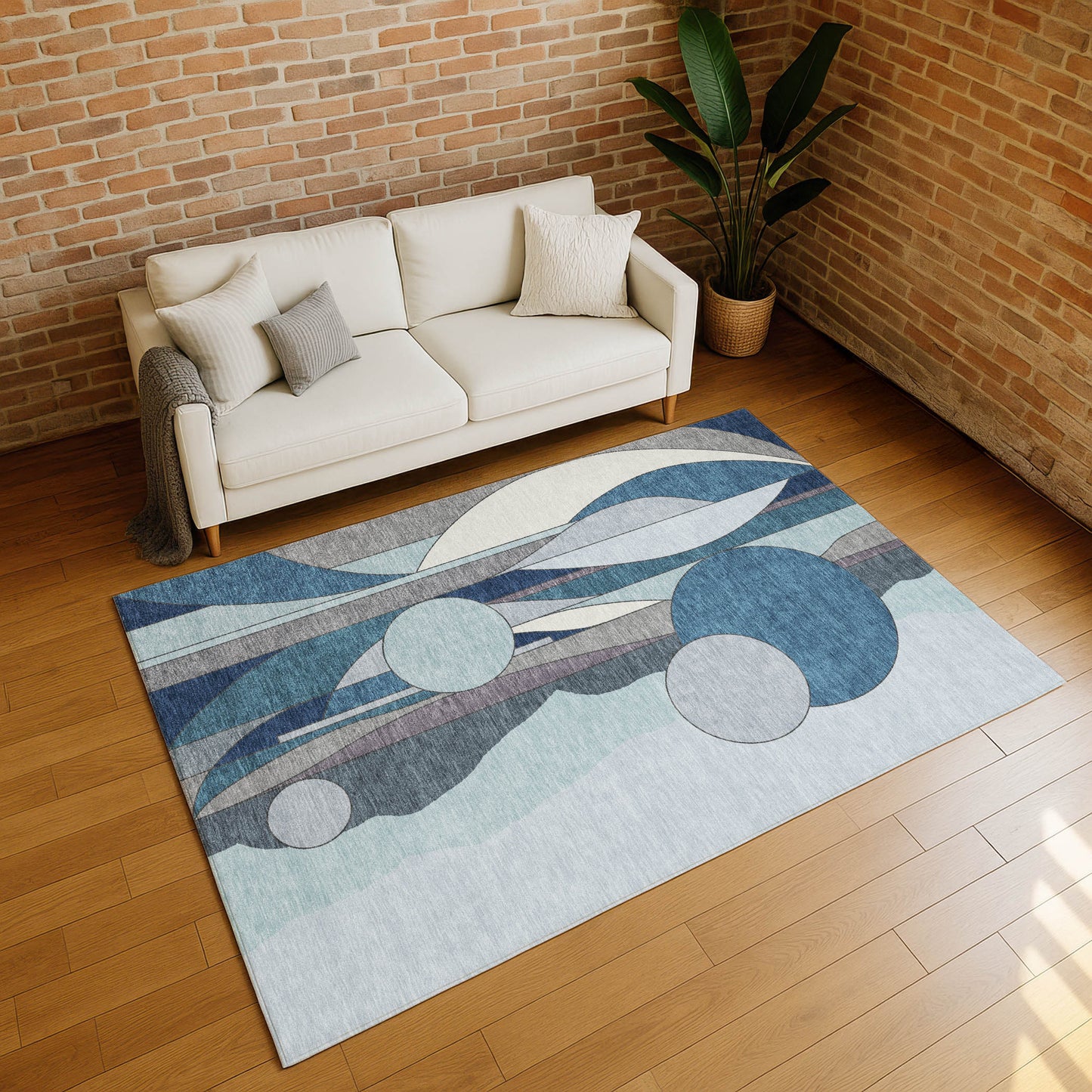 5' X 8' Blue And Ivory Geometric Washable Indoor Outdoor Area Rug