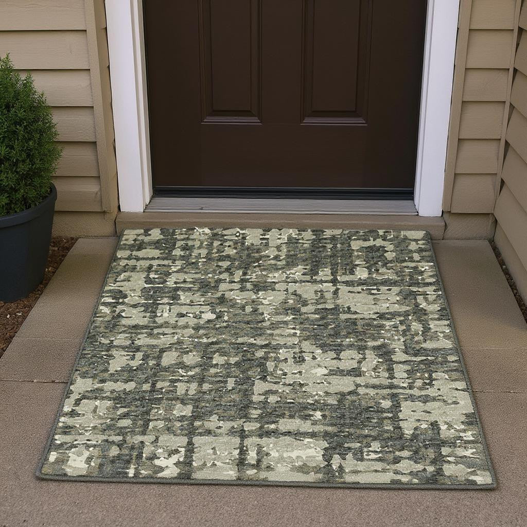 3' X 5' Brown And Beige Abstract Washable Area Rug With UV Protection-1